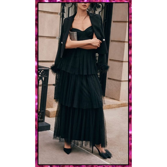 Lulus Rule the Runway Black Tulle Bustier Tiered Maxi Dress Size L - Picture 2 of 9